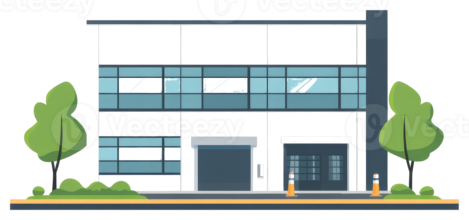 Modern office building featuring trees and safety traffic cones png