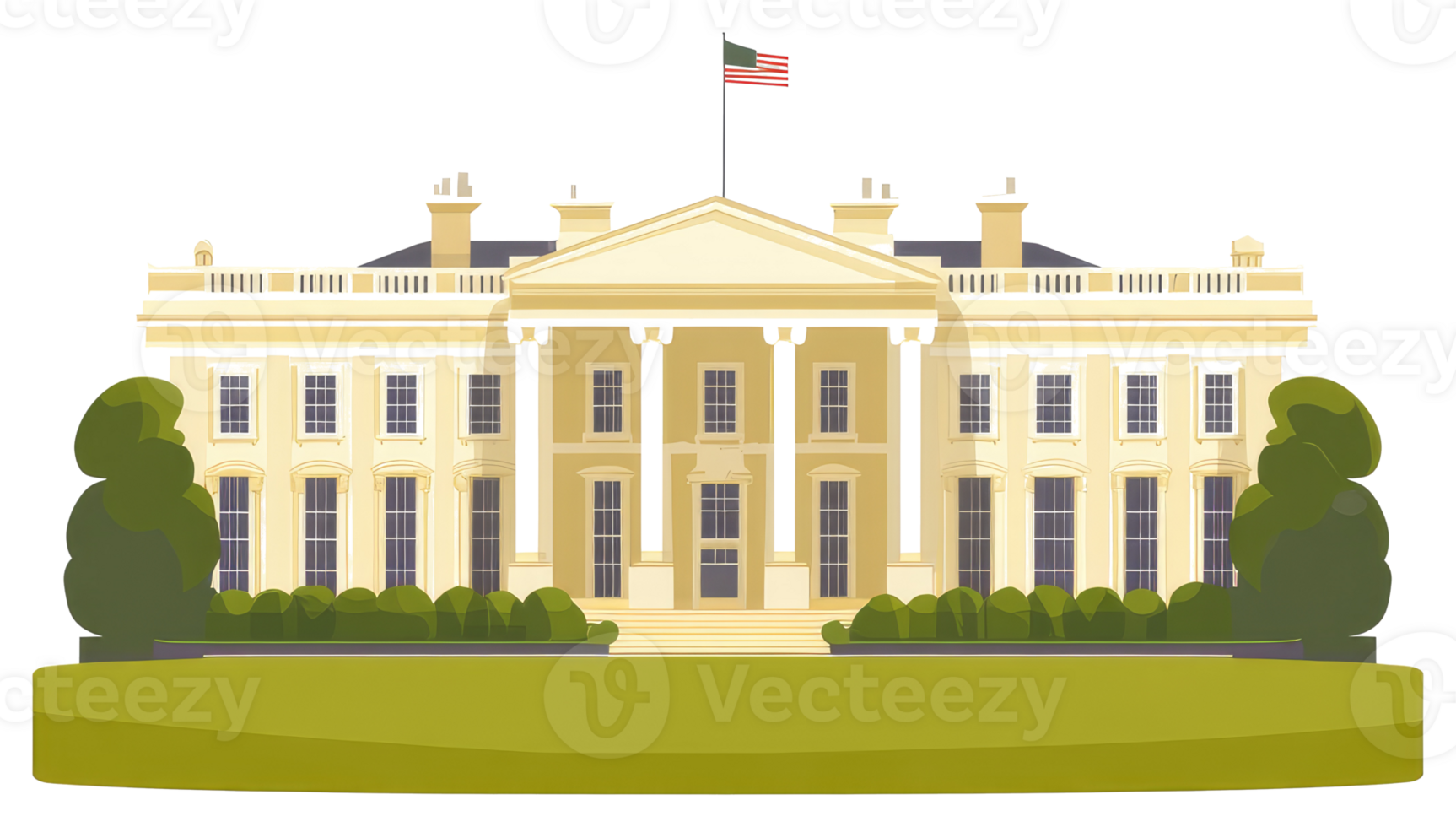 The illustration depicts a large building with a flag and trees png