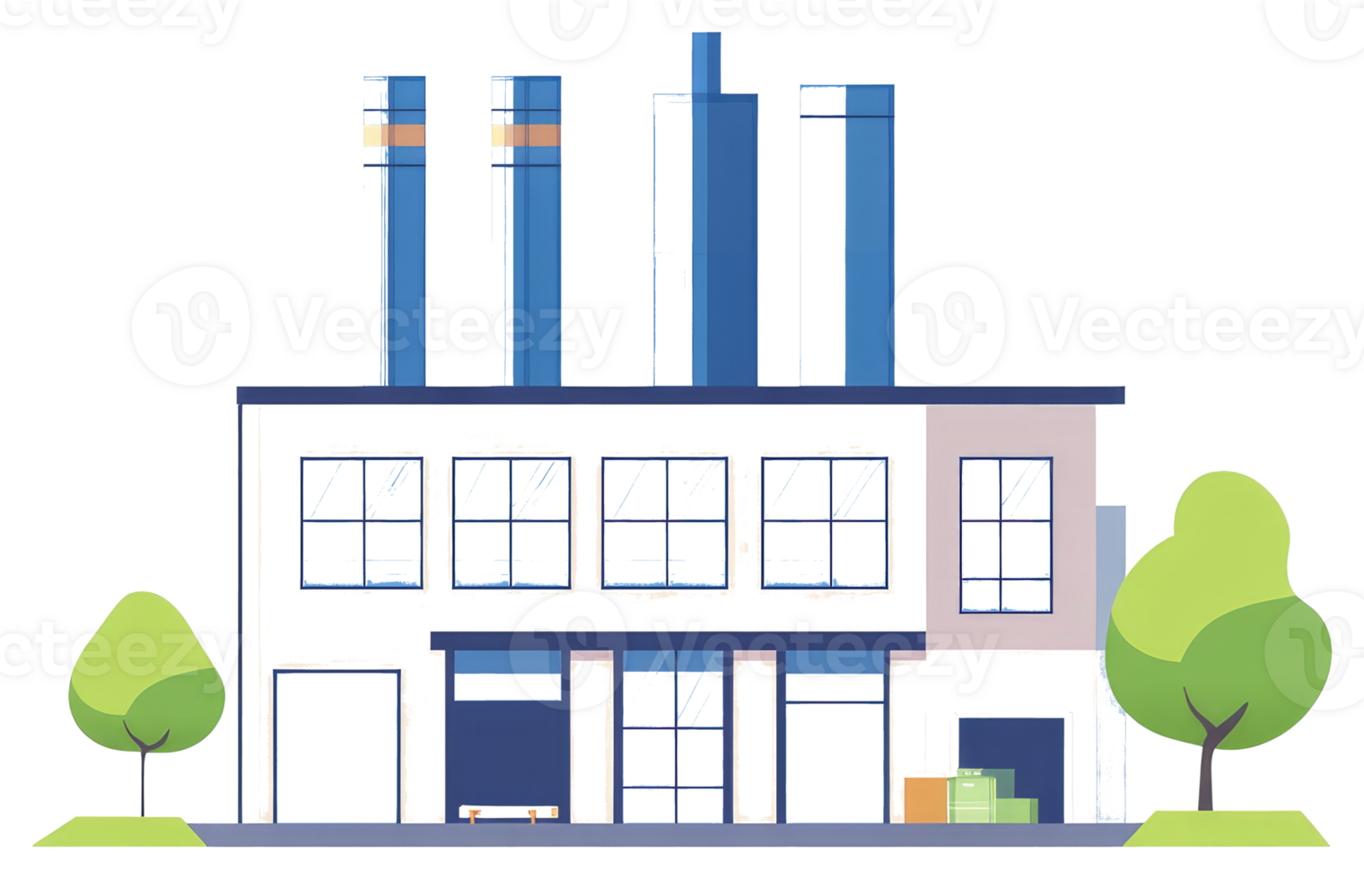 An illustrated image of an industrial factory building with trees png