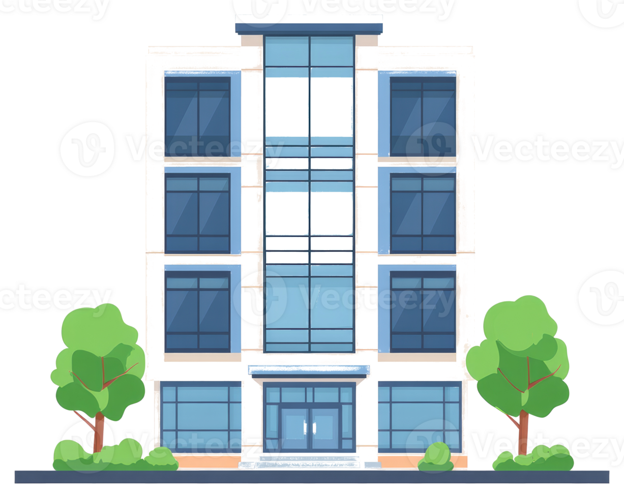 A modern style building with many glass windows and trees png