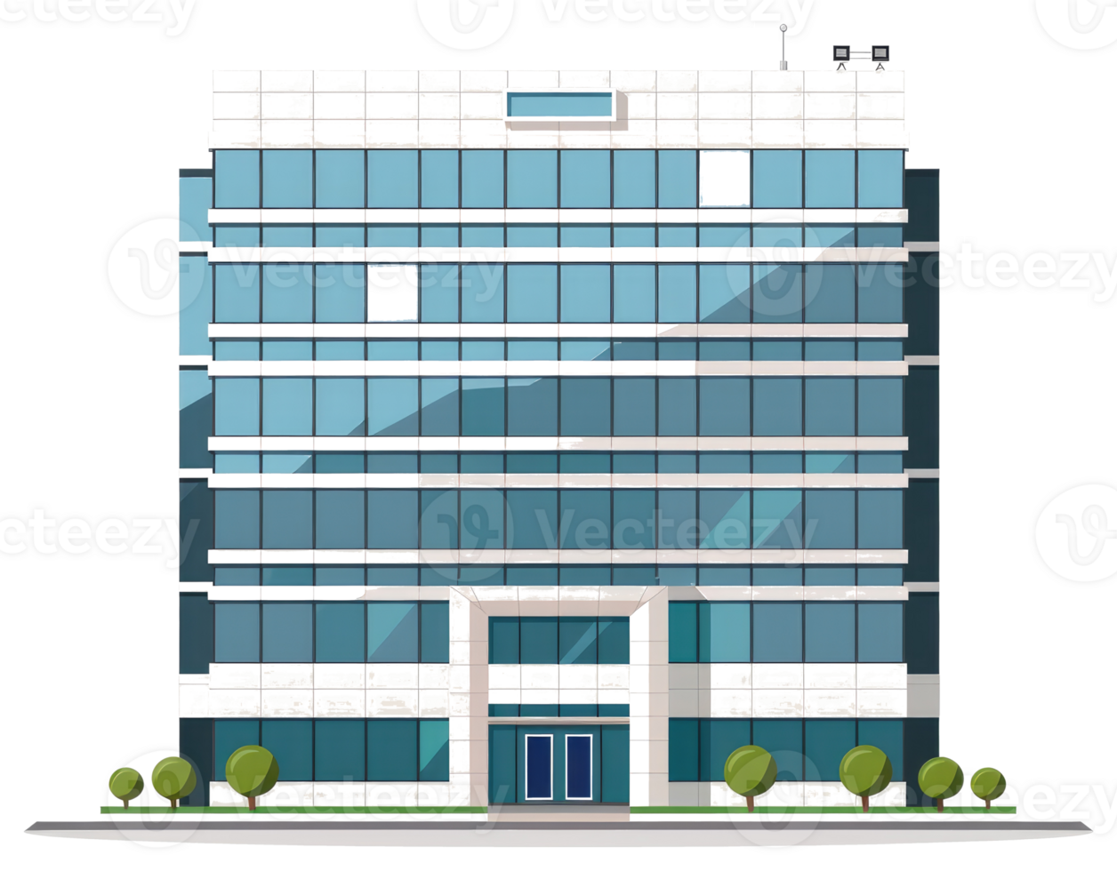 A modern office building with glass windows and landscaped greenery png