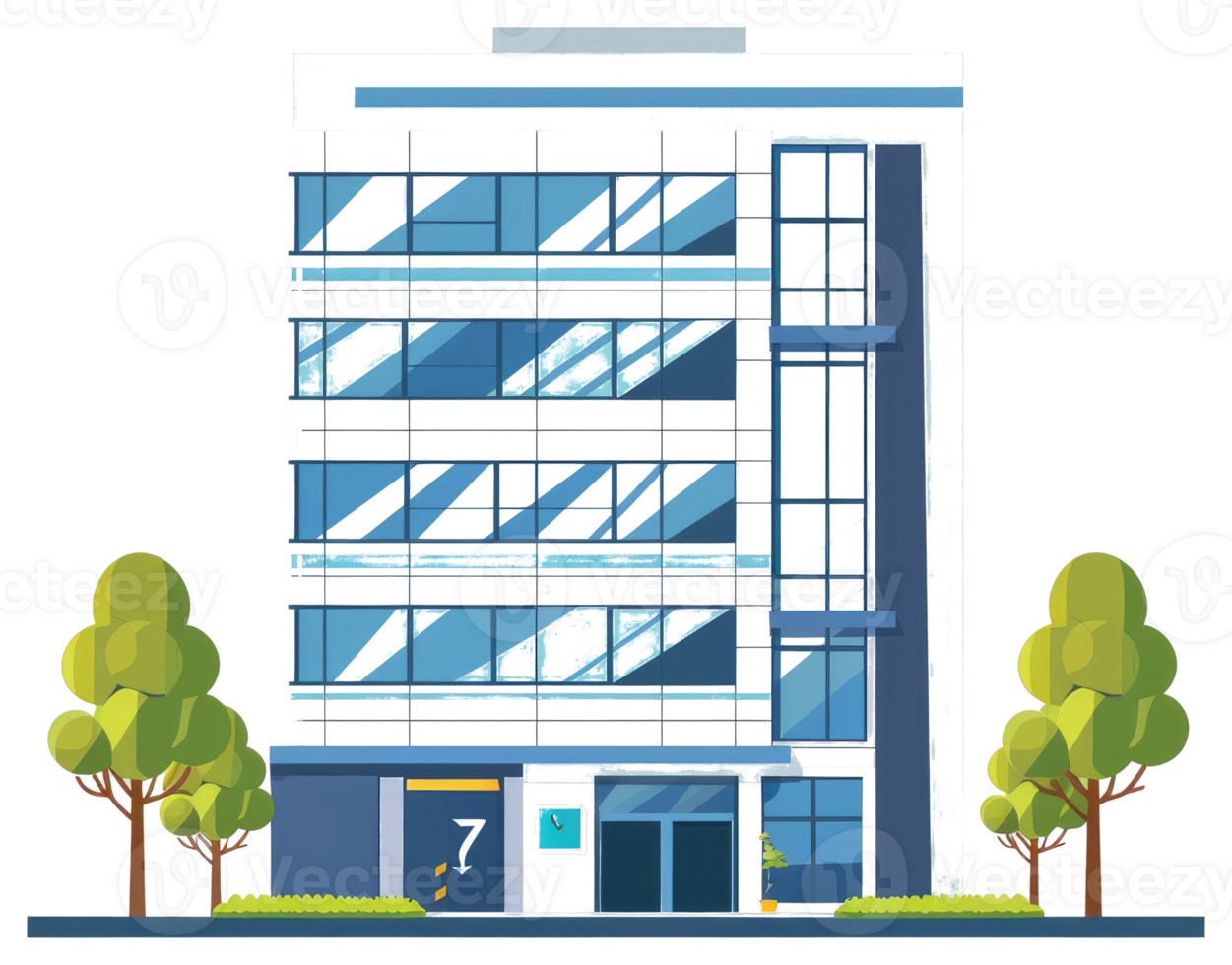 A modern office building with trees in the foreground is depicted png