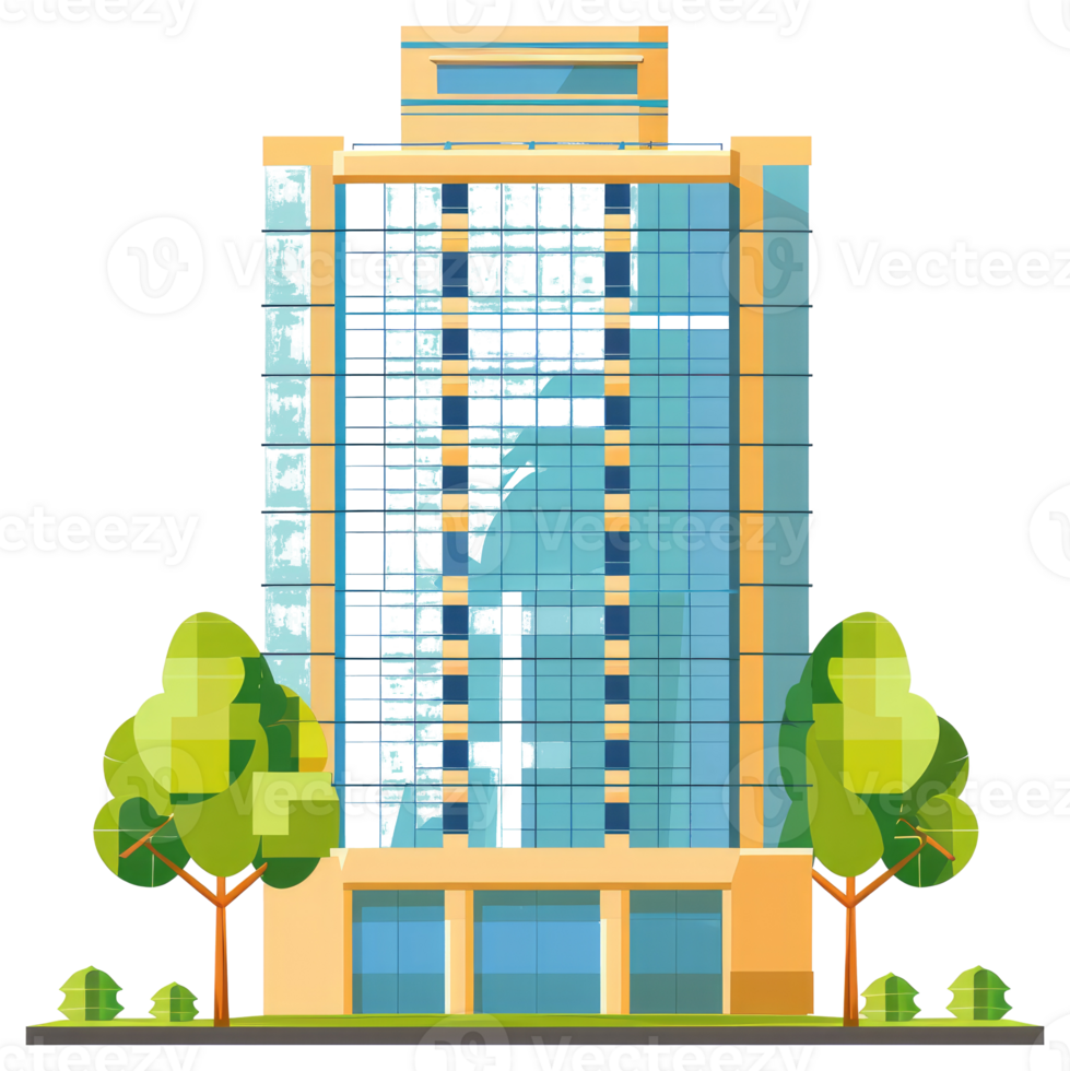 Illustration depicts a tall office building with trees and windows png