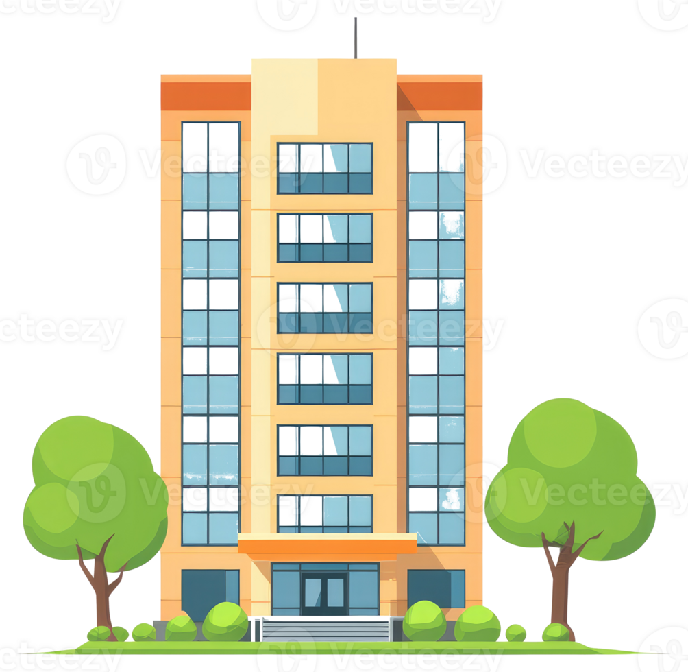 A cartoon illustration of a tall building with two trees png