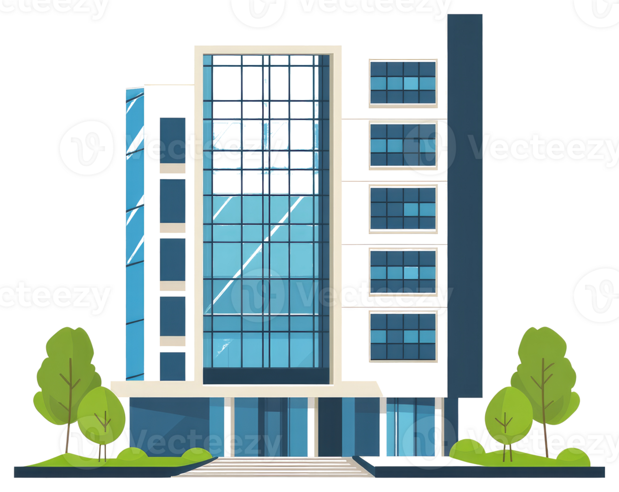 Modern stylized illustration of a large office building with trees png