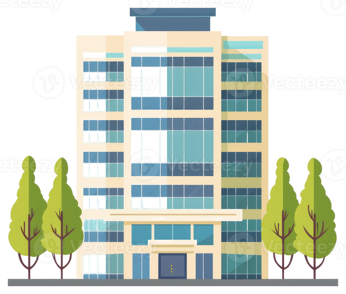 A modern building with many windows and decorative trees png