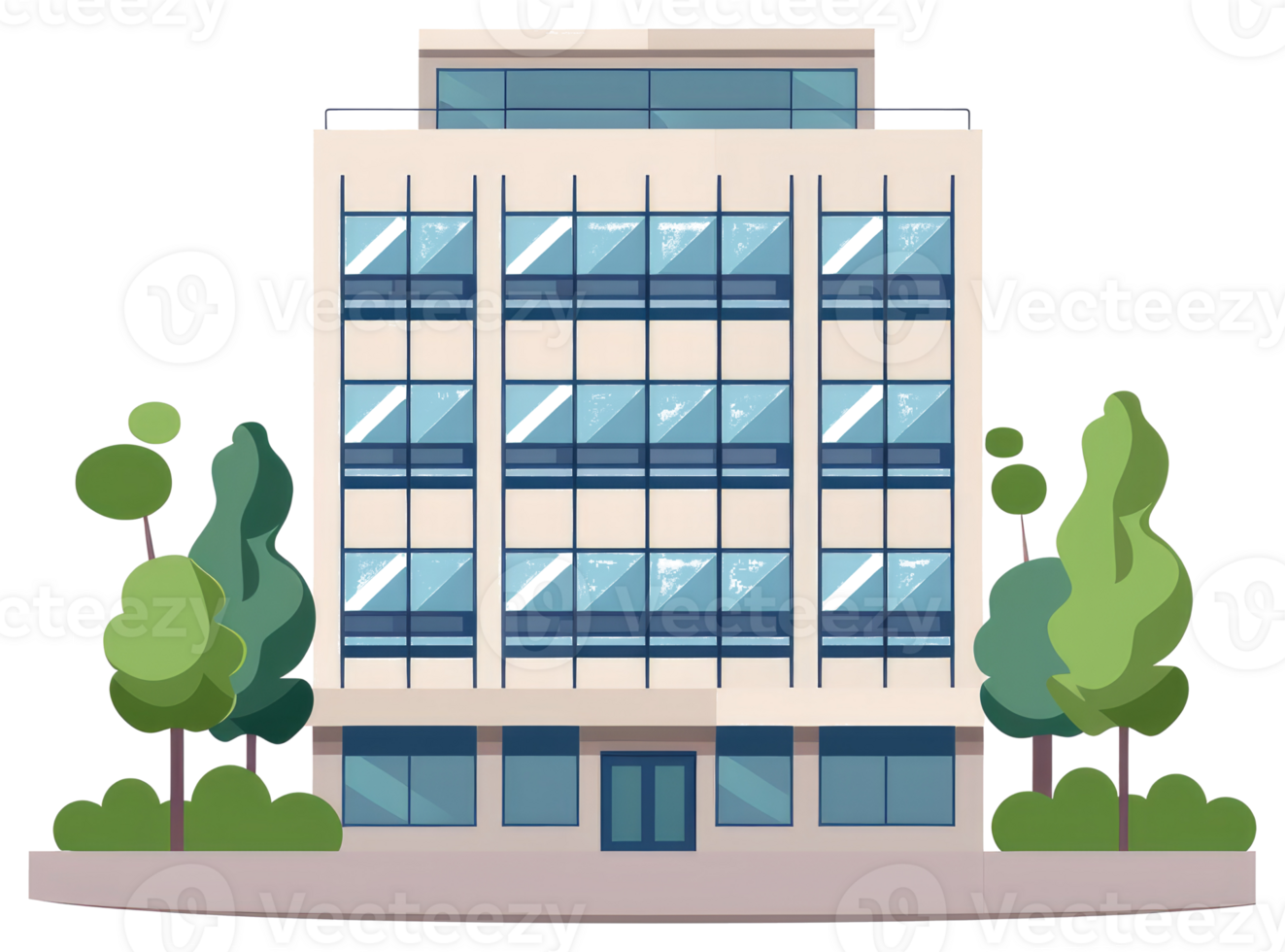 A modern building with trees in a simplistic cartoon illustration png