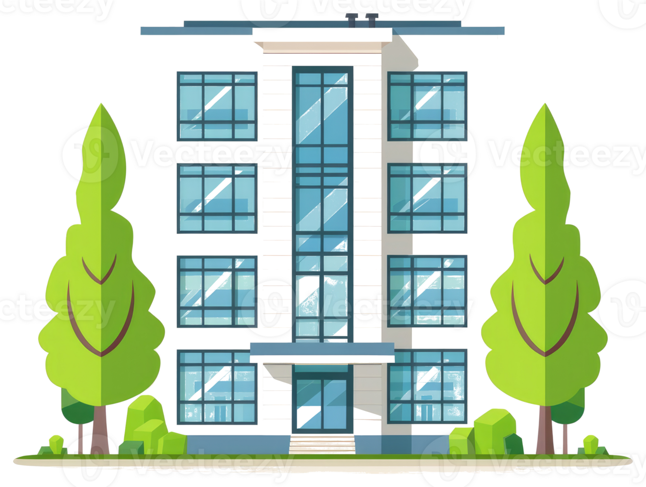 A tall modern apartment building with green trees and bushes png