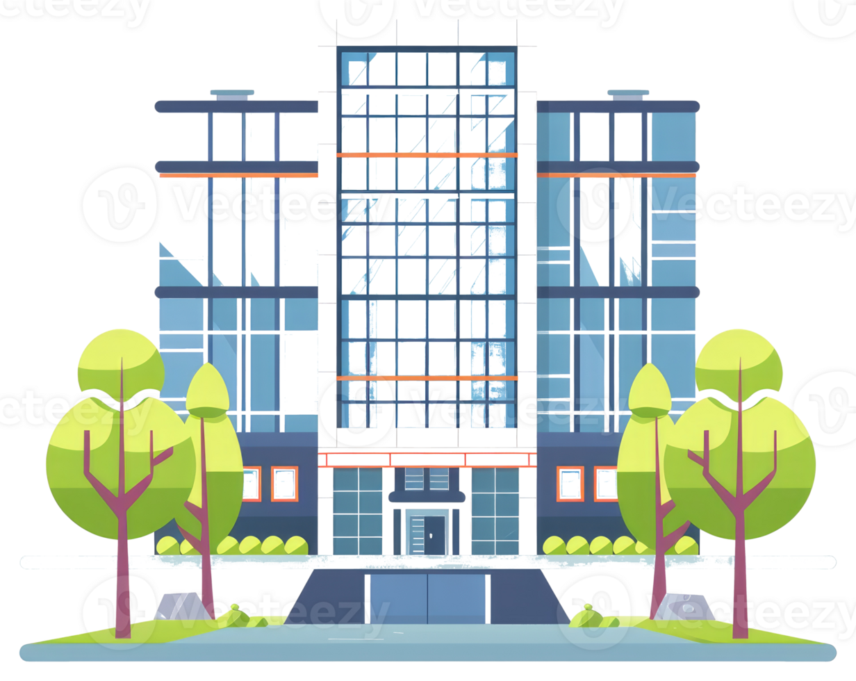 Modern architectural building illustration featuring green trees in the foreground png