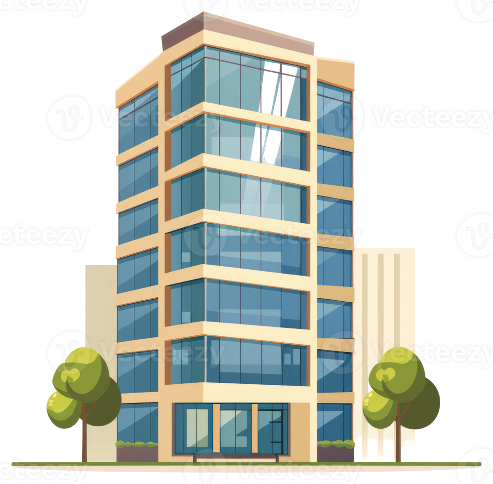 A tall modern commercial building with glass windows and trees png