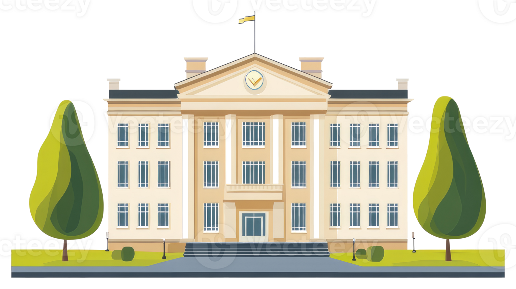 A large detailed building with trees and a simple flag on top png
