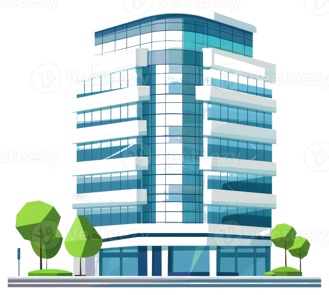 Modern stylized building with many glass windows and some trees png