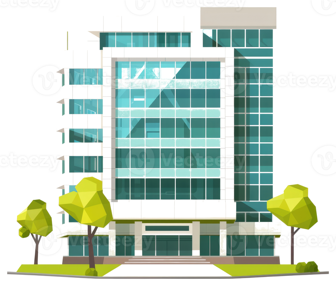 A modern office building features many large windows and green trees png
