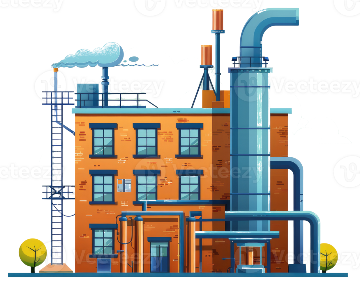 An illustrated image of a factory building with smokestacks png