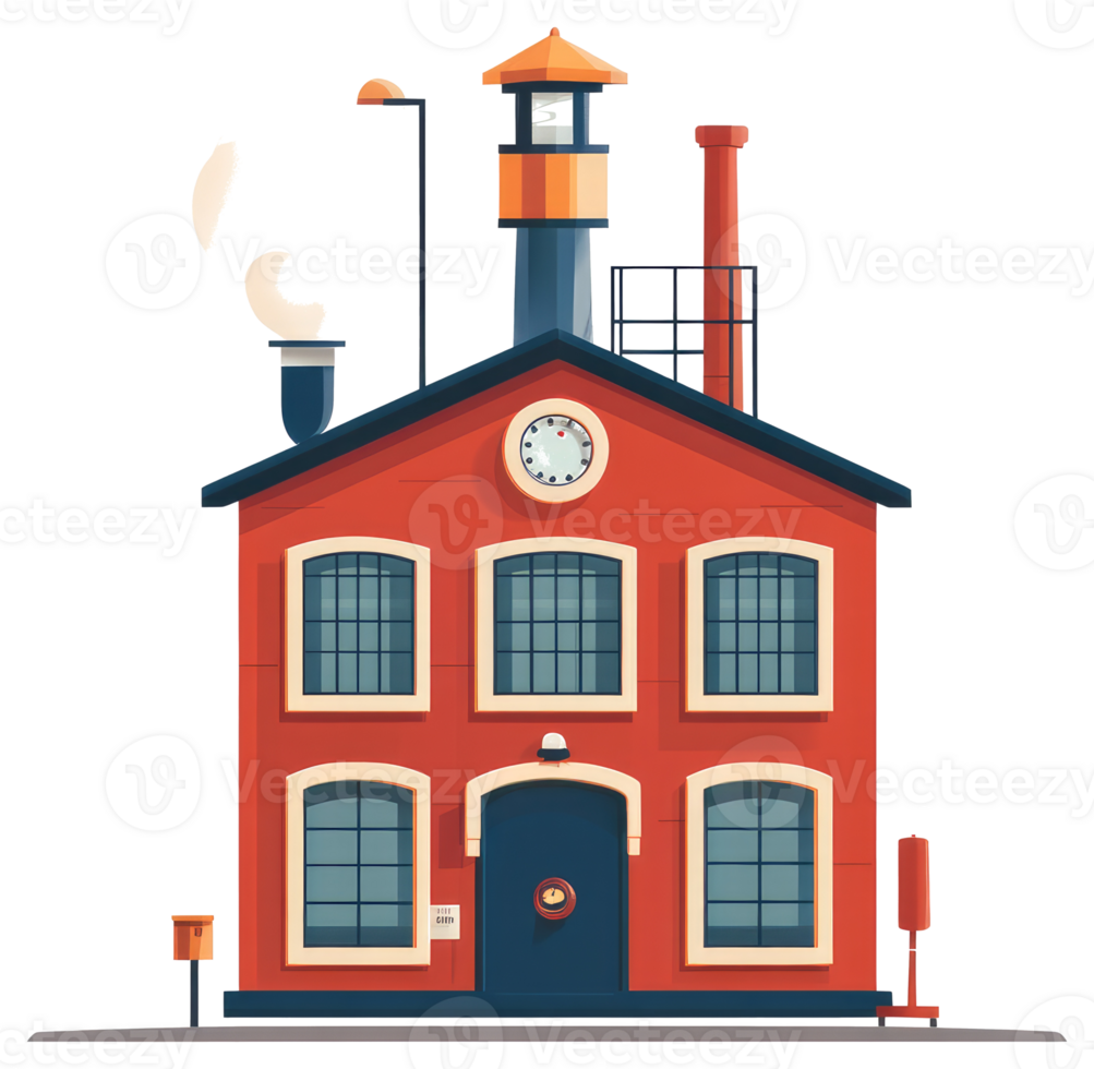 A cartoon illustration of a red building with several features png