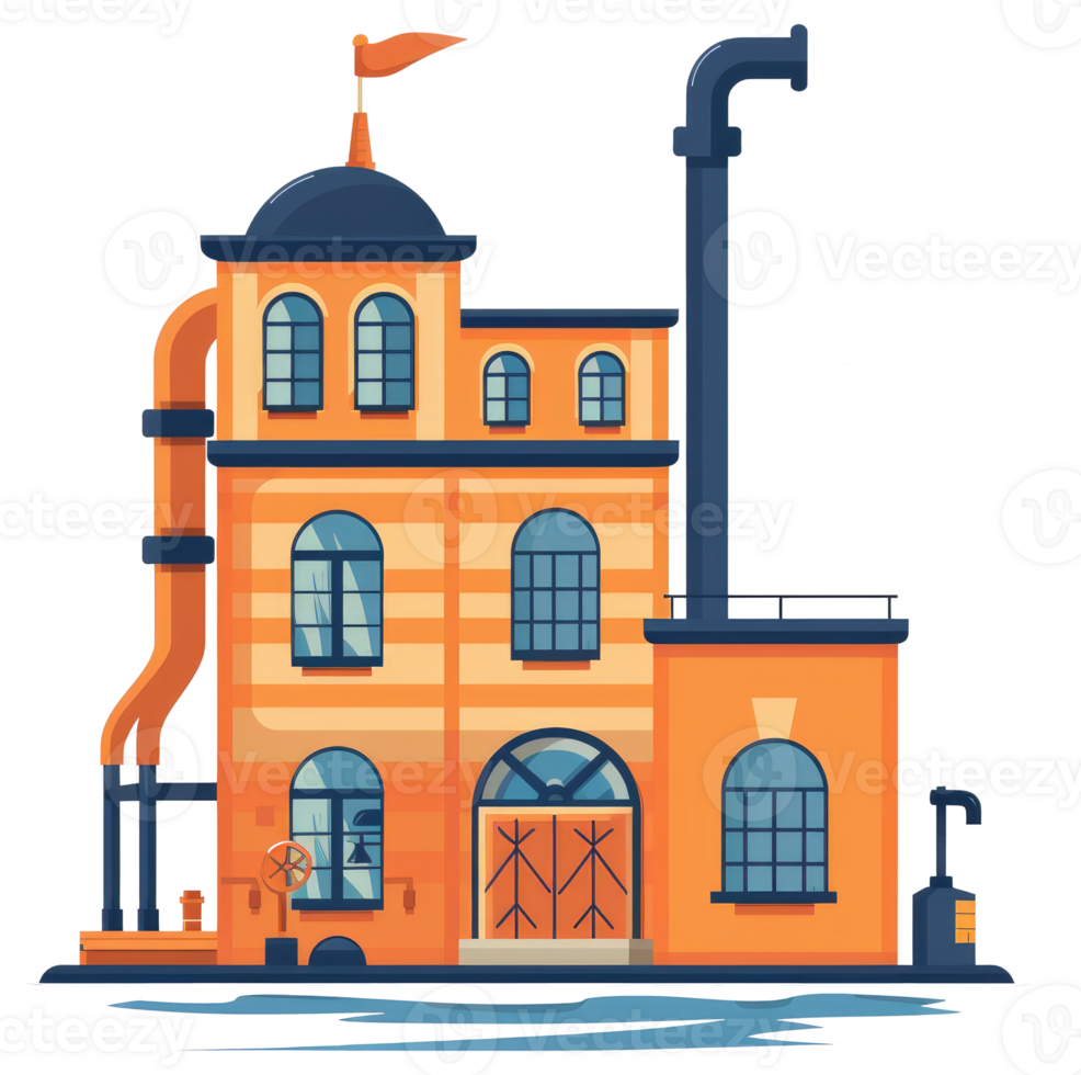 An illustrated factory building with a tall smokestack and pipes png