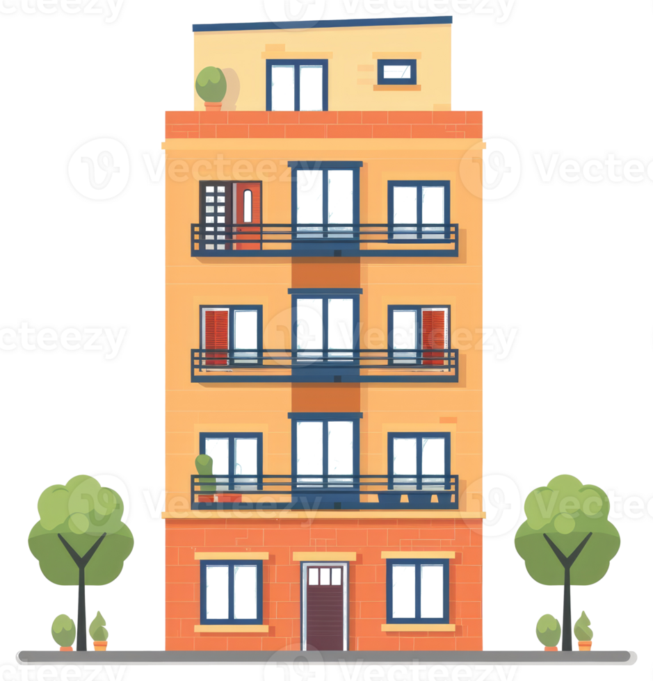 A colorful apartment building with balconies and small trees png