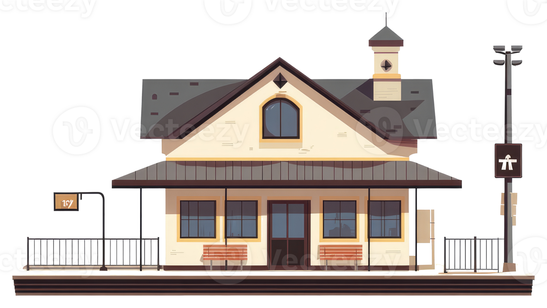 A stylized illustration of a train station on a platform png