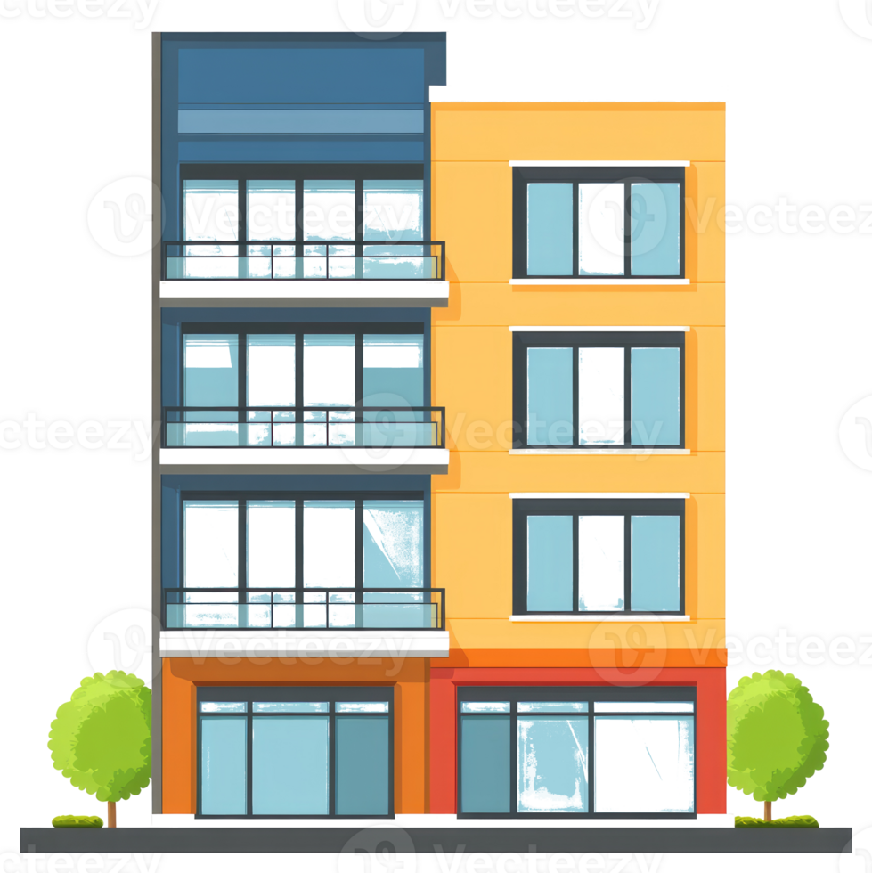 An illustrated apartment building with multiple stories and balconies png