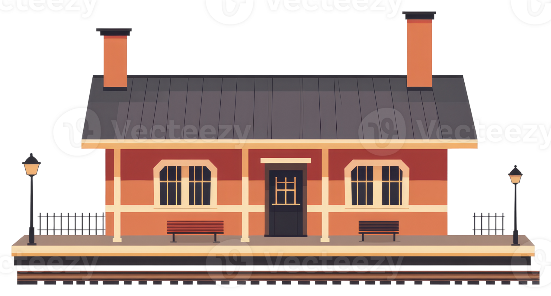A colorful illustration of a train station building at sunset png