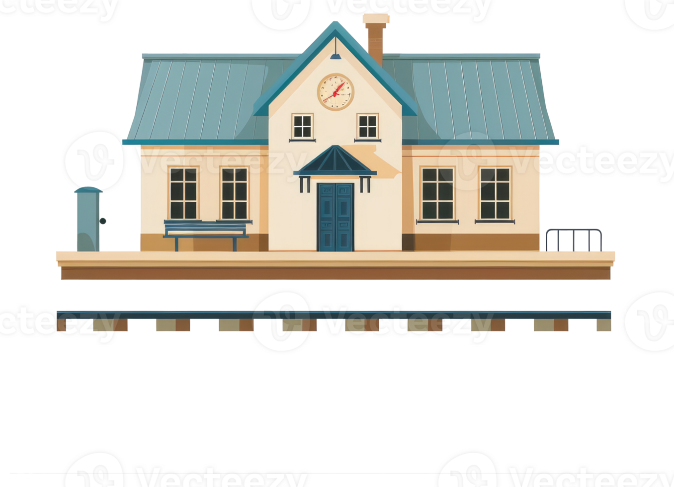 A detailed cartoon image of a railway station platform png