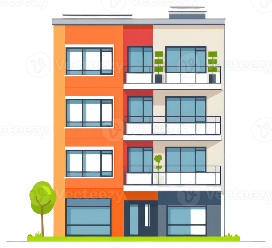 A colorful apartment building with multiple stories and balconies png