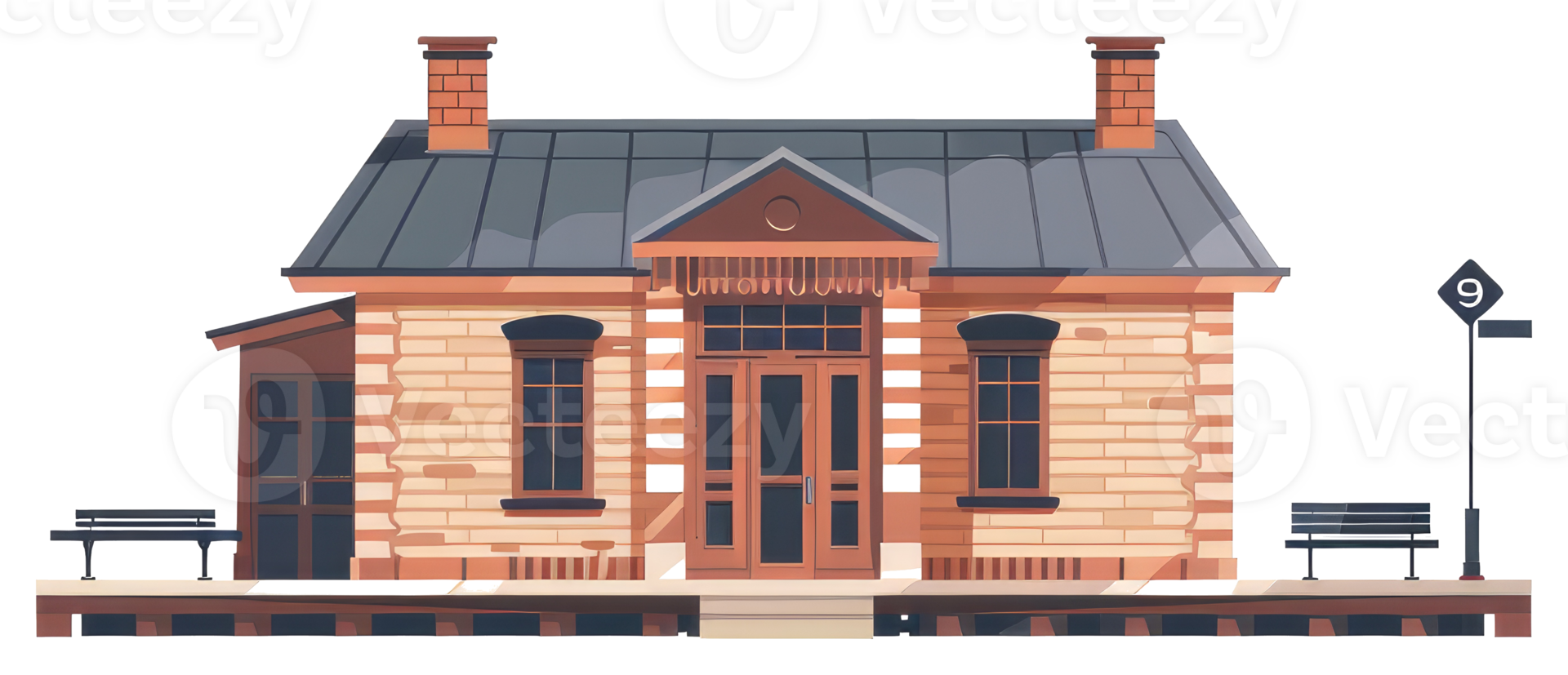 Illustration depicts a small brick building with a station platform png