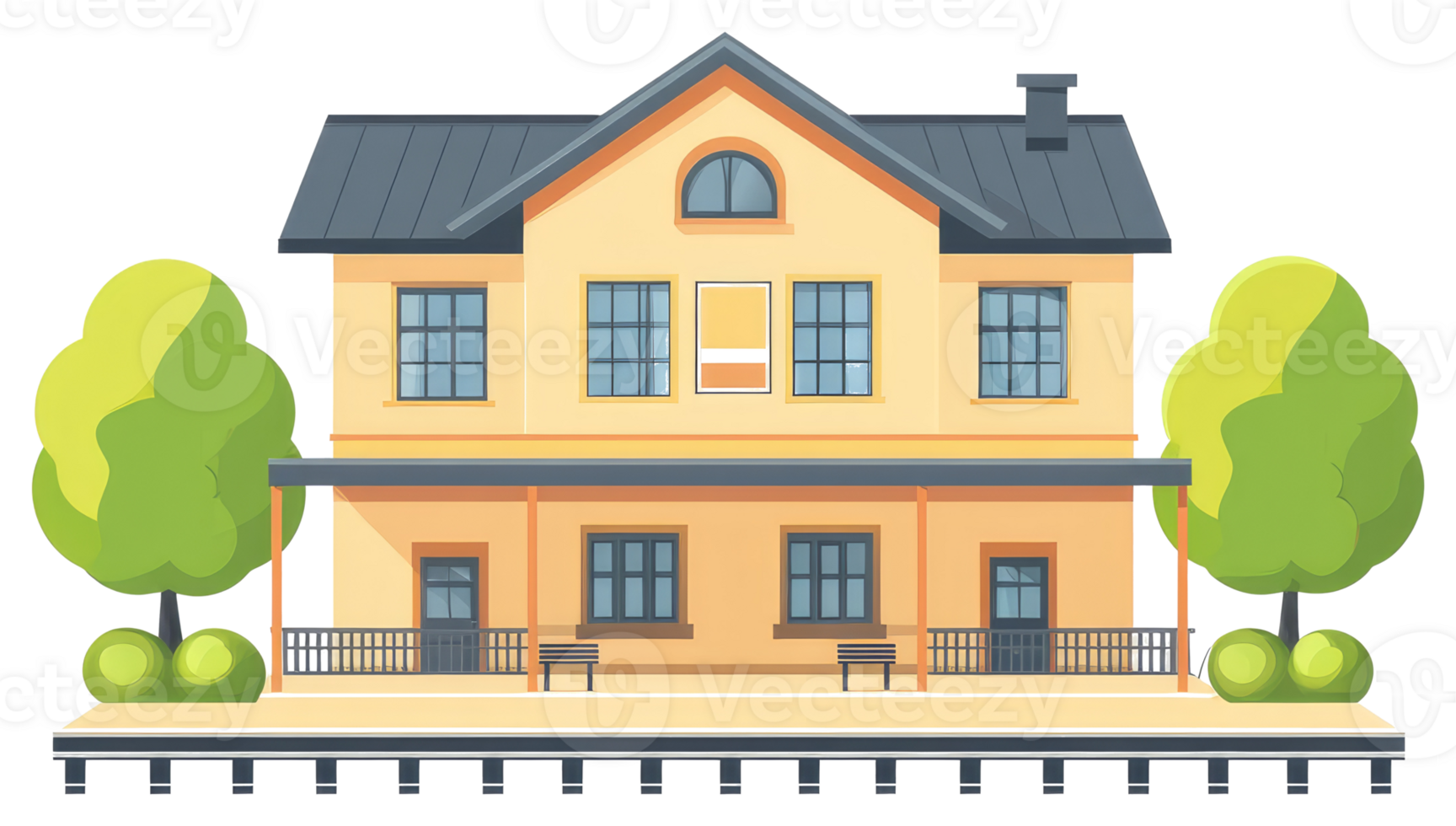 A two story building with trees next to a train station png