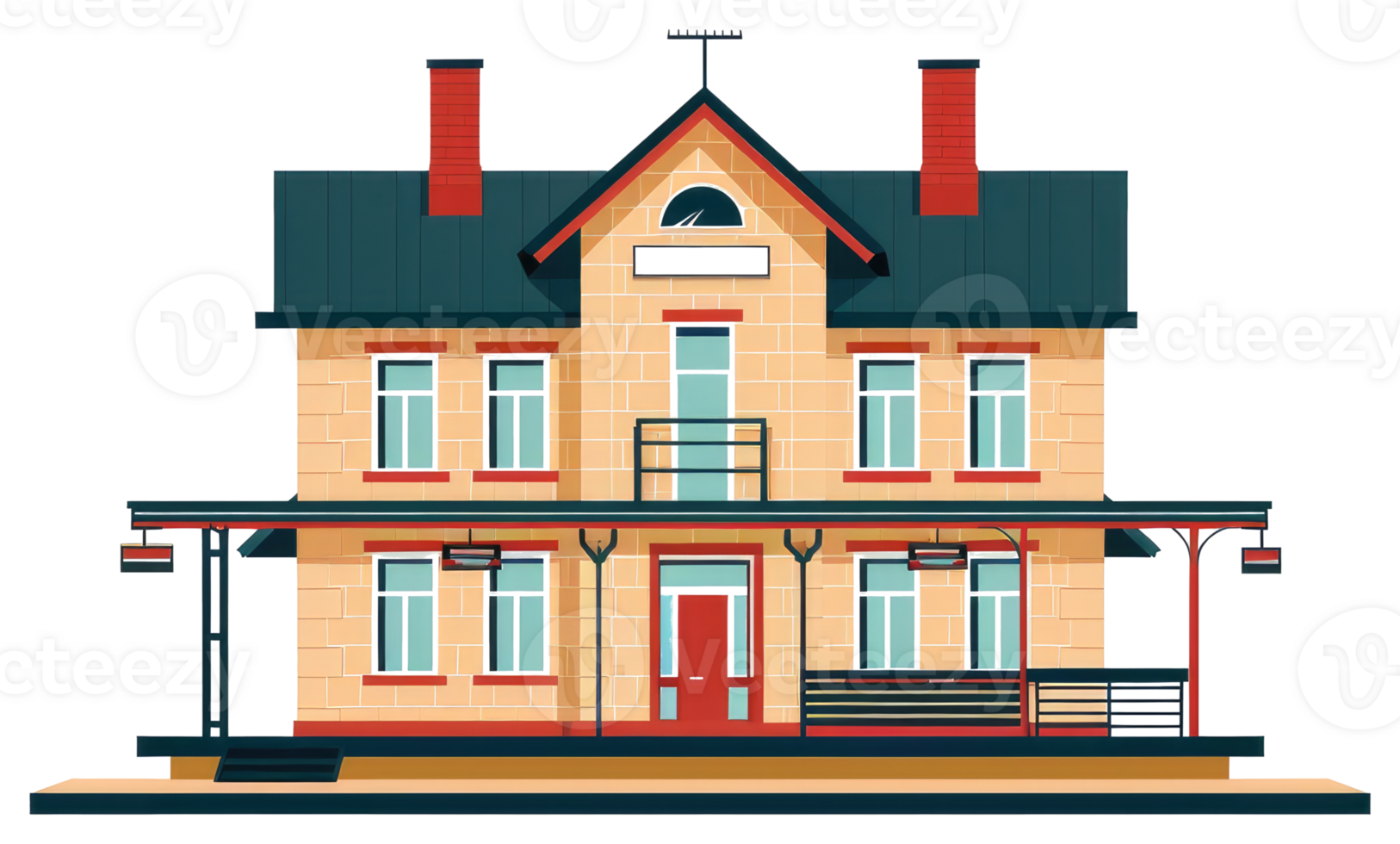 A colorful illustrated building with multiple windows and a porch png