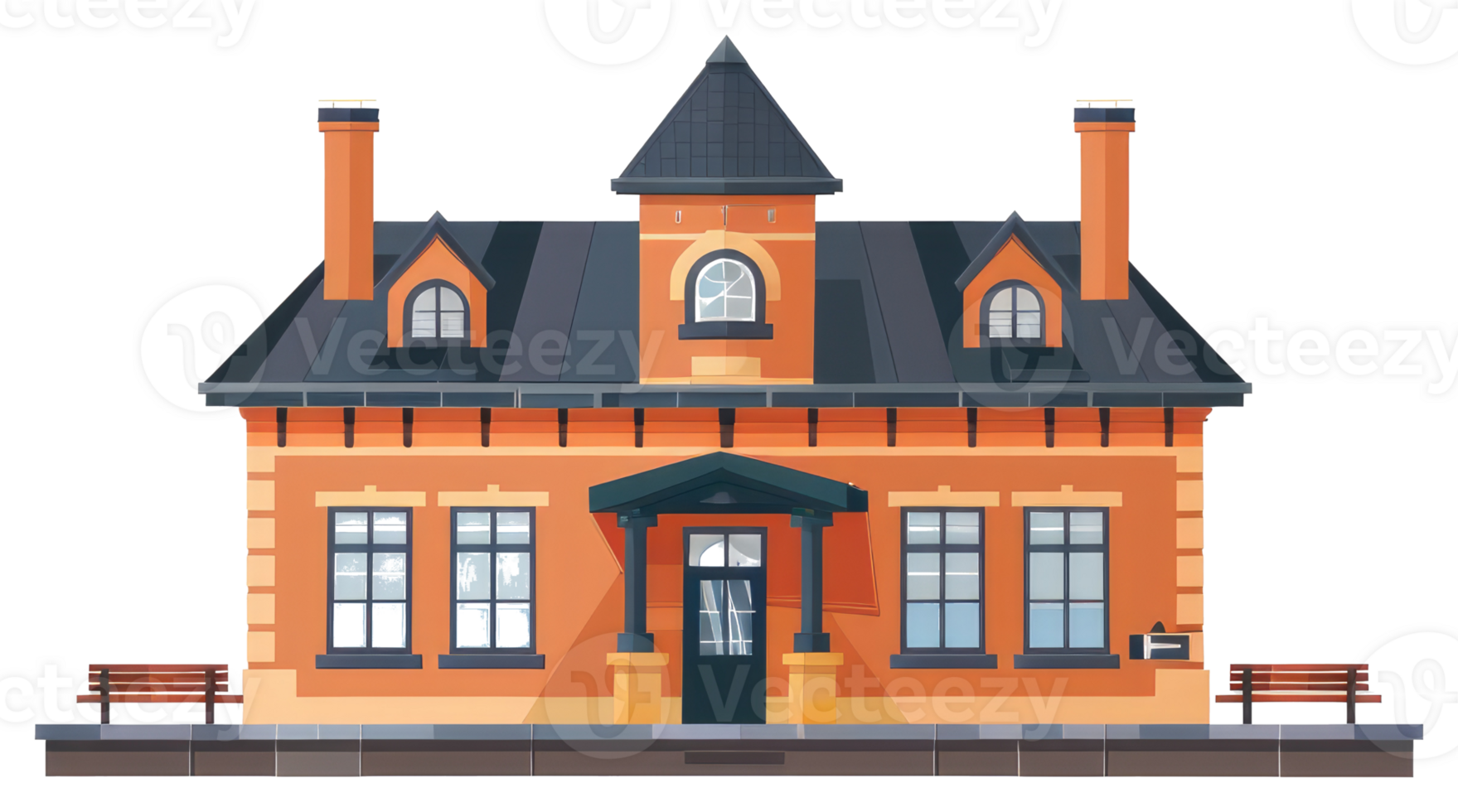 A well illustrated building with a distinctive design and features png