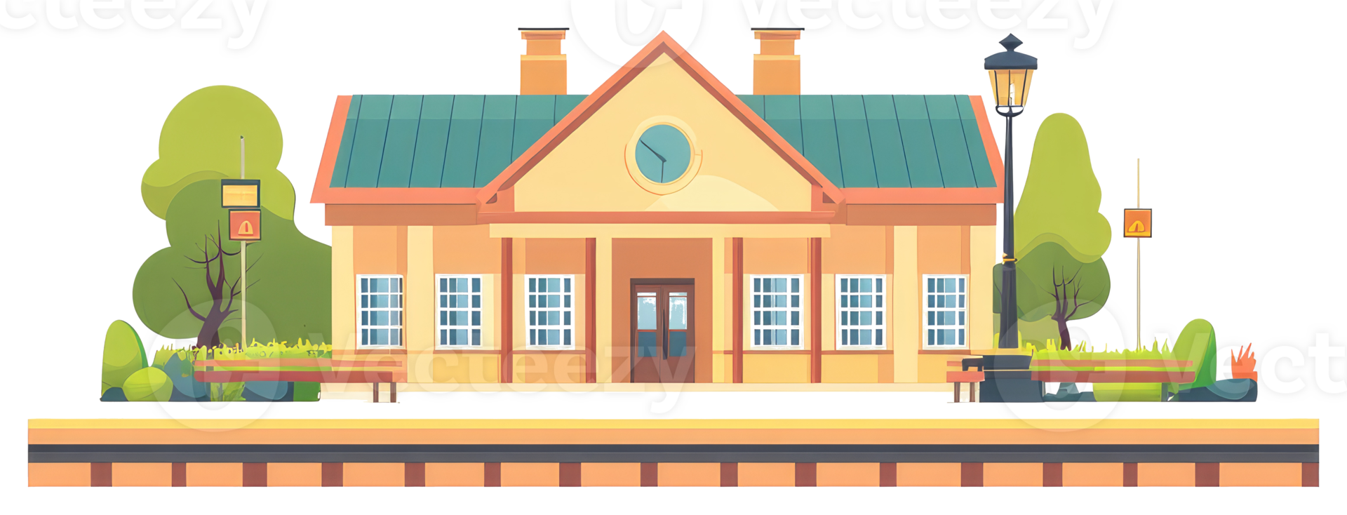 A simple cartoon depiction of a railway train station exterior png