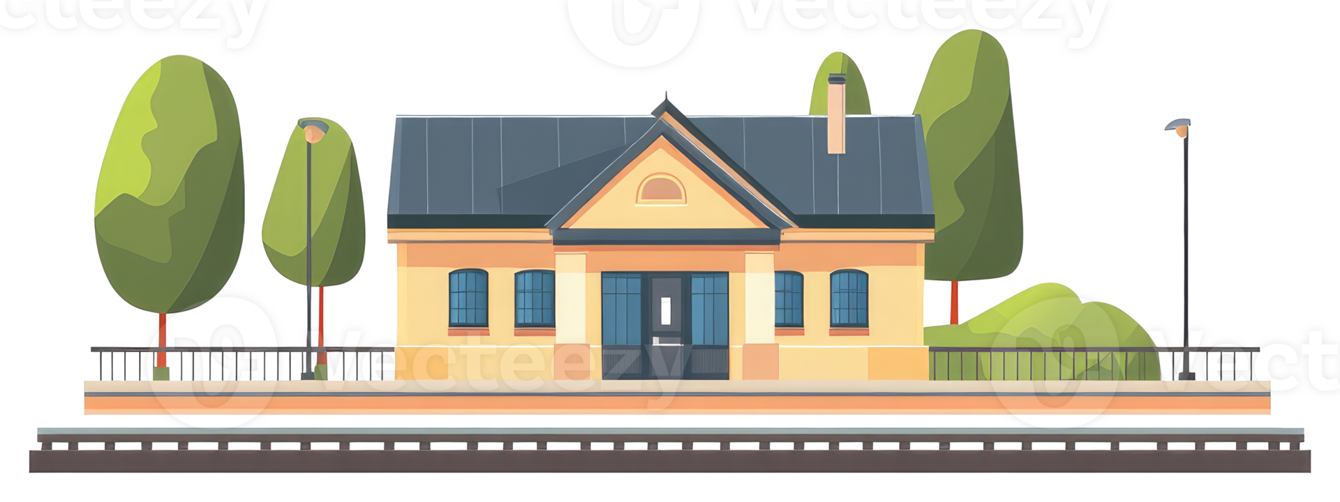 A scenic illustration of a railway station during daylight hours png