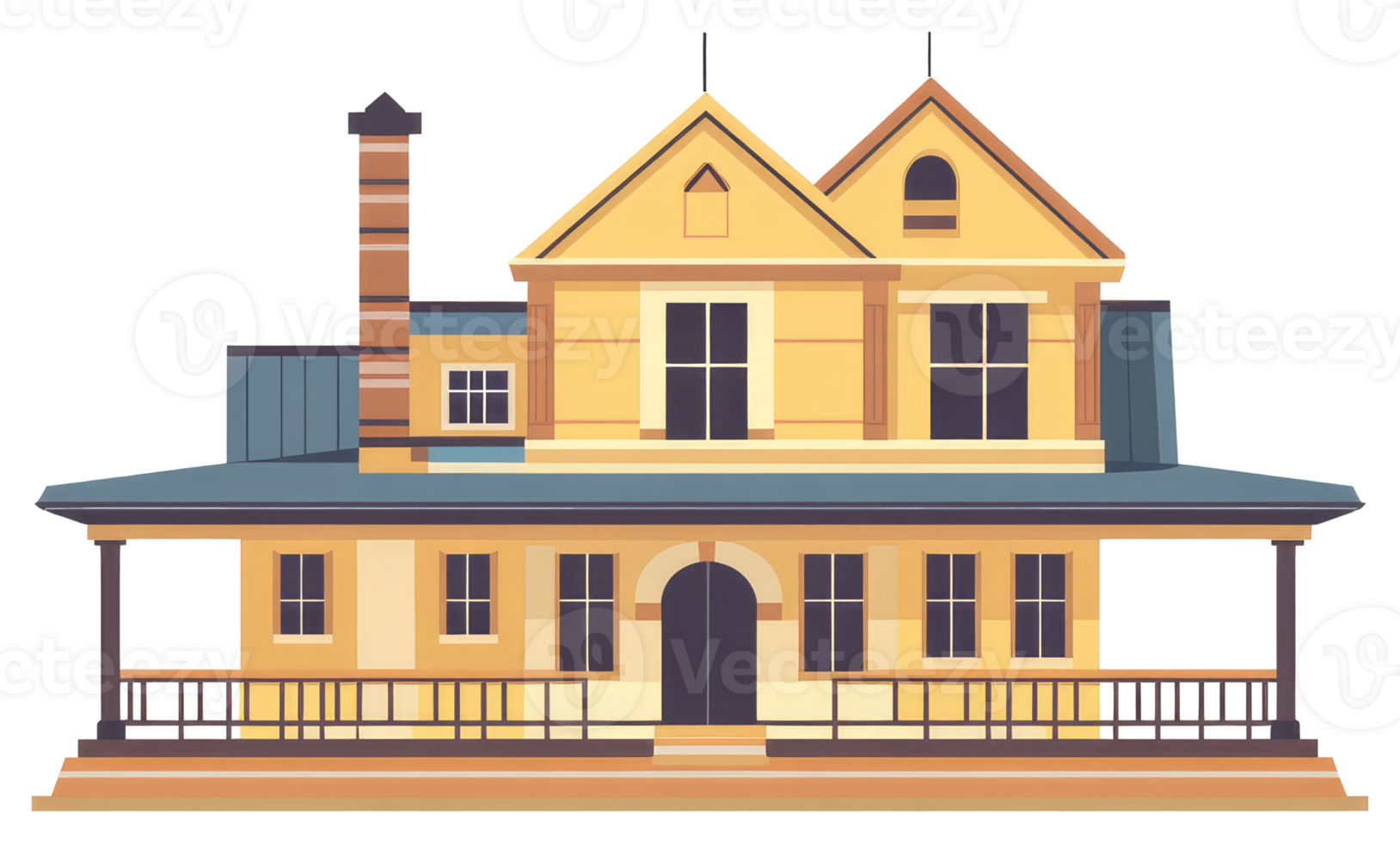 A two story house with a covered porch and a chimney png