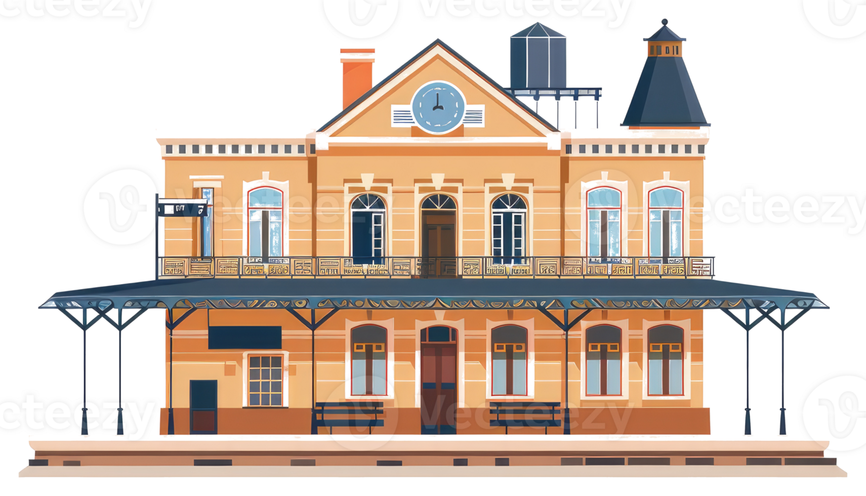 The illustrated facade of an old railway station building is shown here png