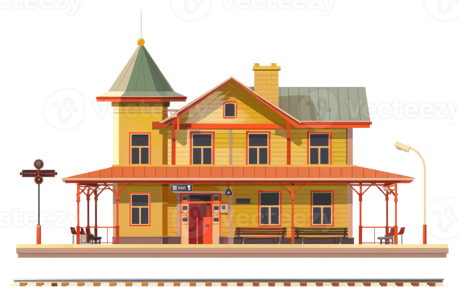 A stylized illustration depicts a charming vintage railway station building png