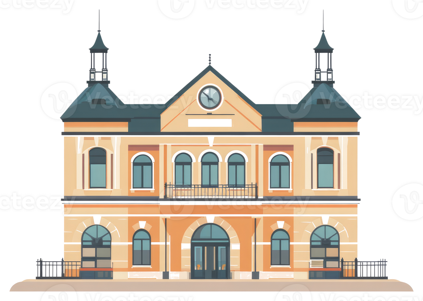 An Illustration of a Detailed Architectural Building with Clock Tower png