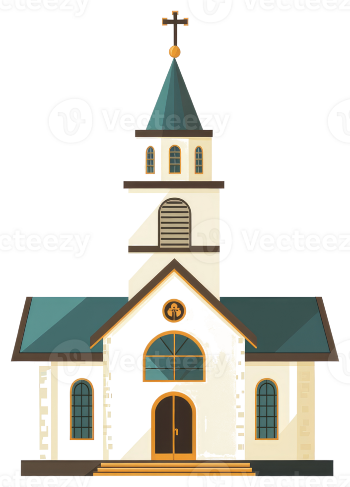 A cartoon illustration of a white church with a steeple png