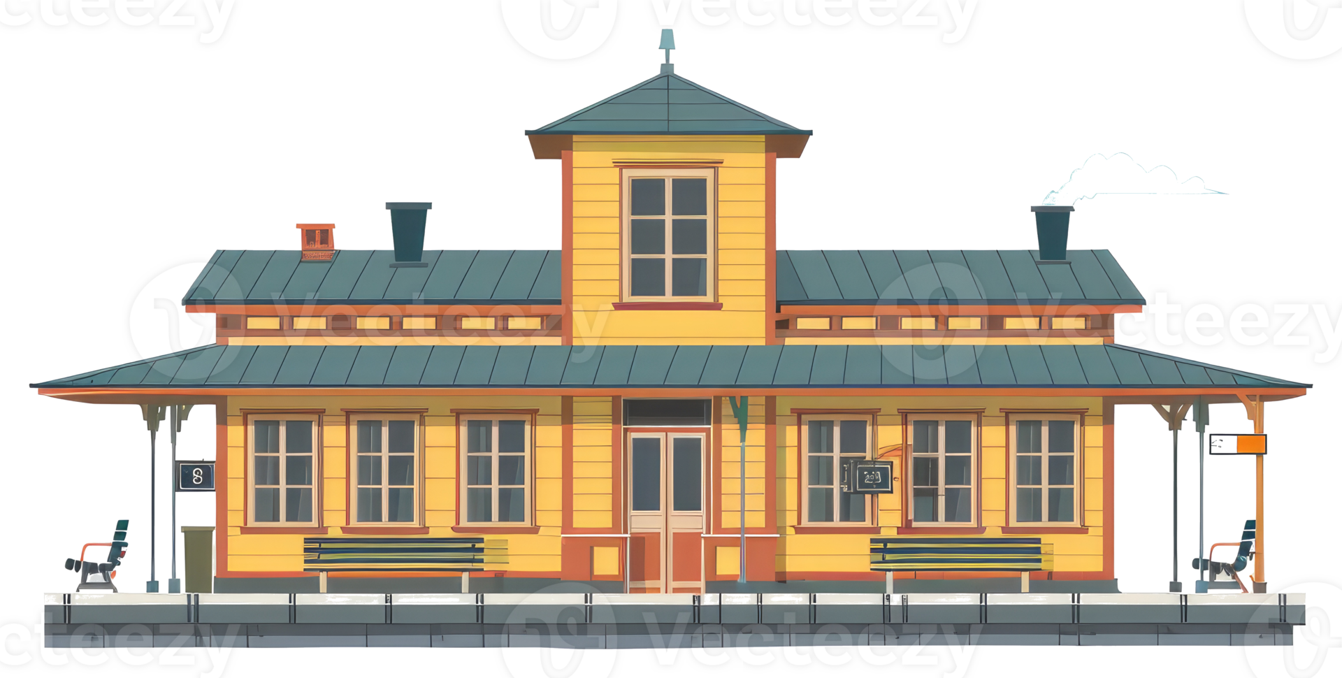 A yellow train station building with a covered platform png
