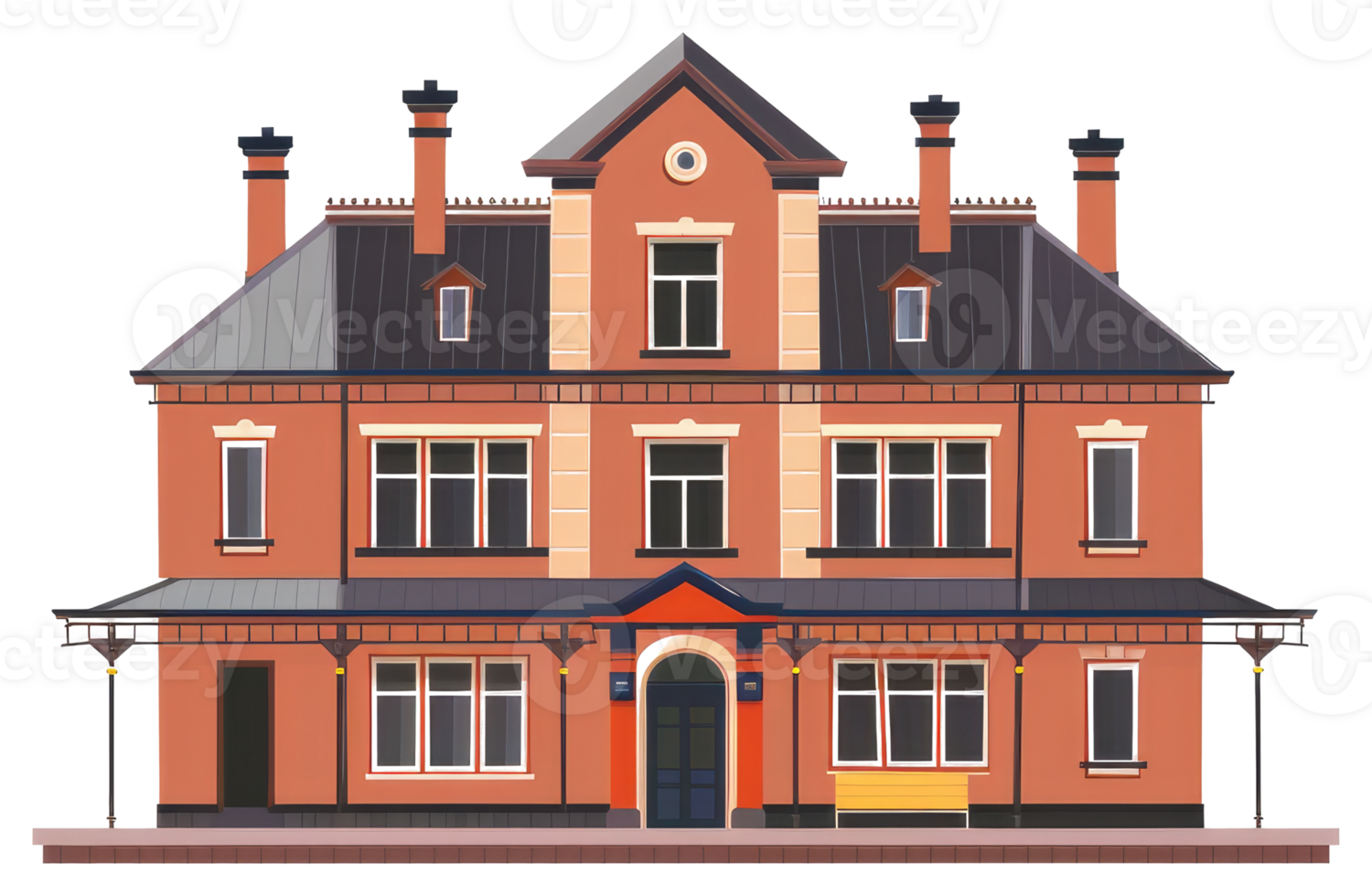 A detailed front view of a classic brick train station png