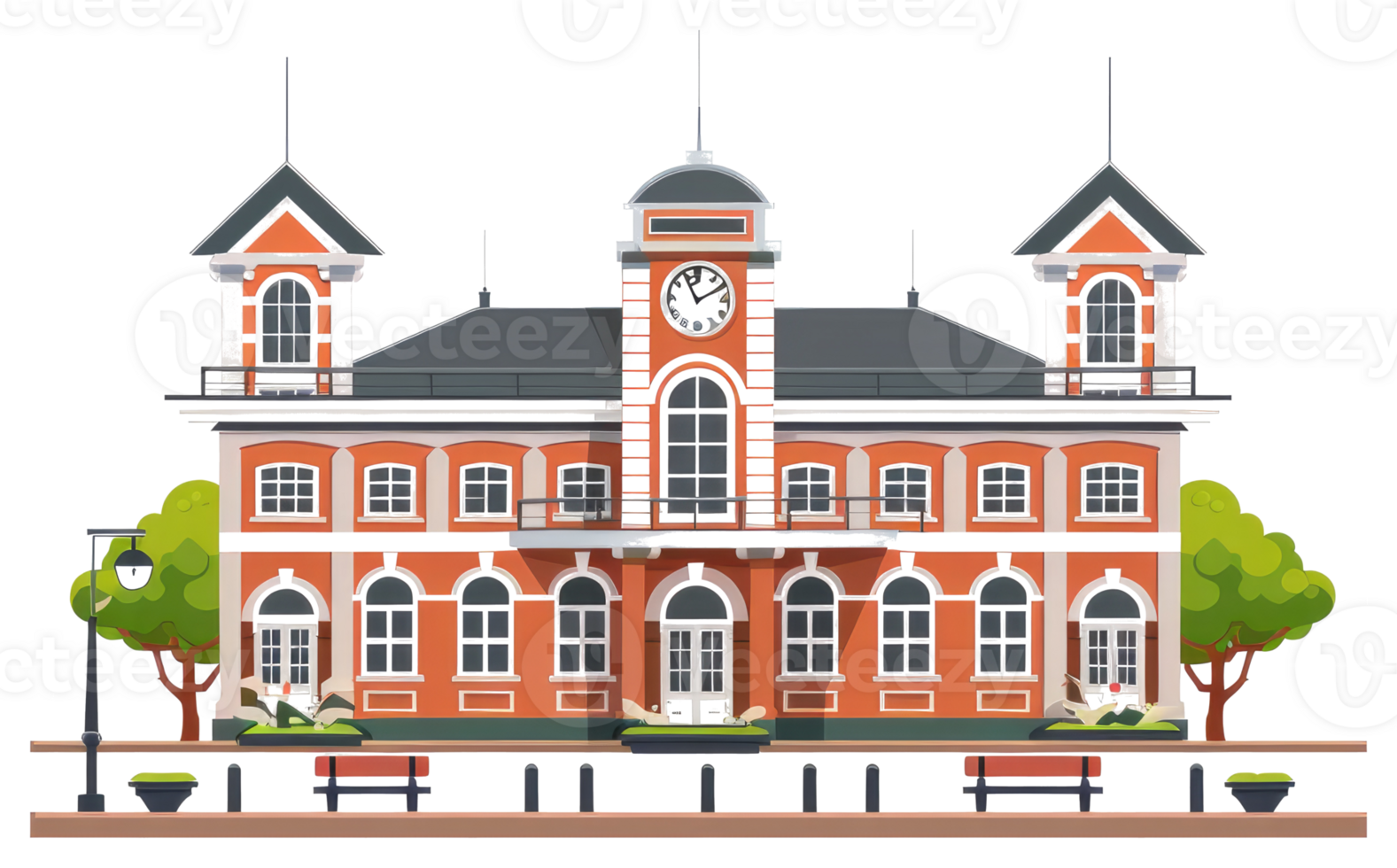 A decorative illustration featuring a classical railway station building png