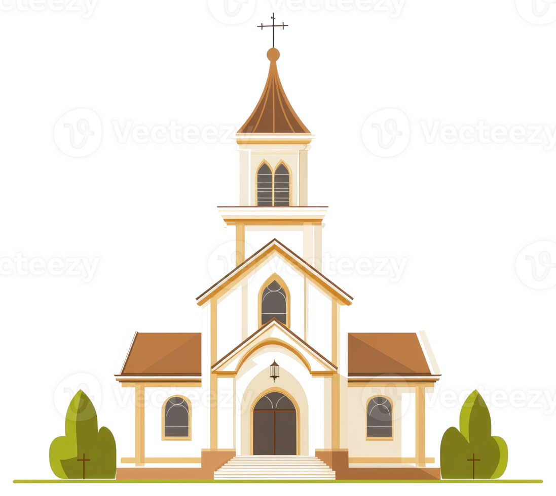 A detailed illustration of a church building with a cross on top png
