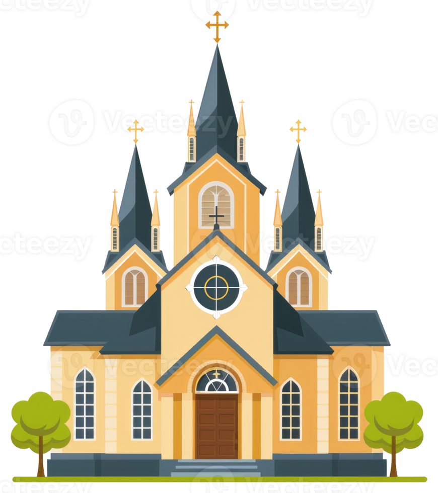 A detailed illustration of a church building with trees and a cross png