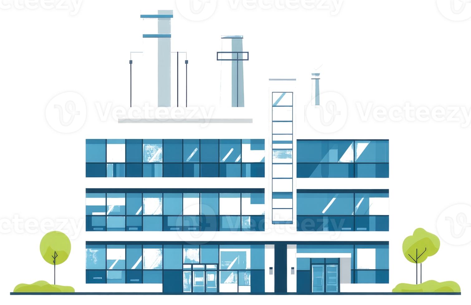 An illustrated modern building with multiple stories and green landscaping png