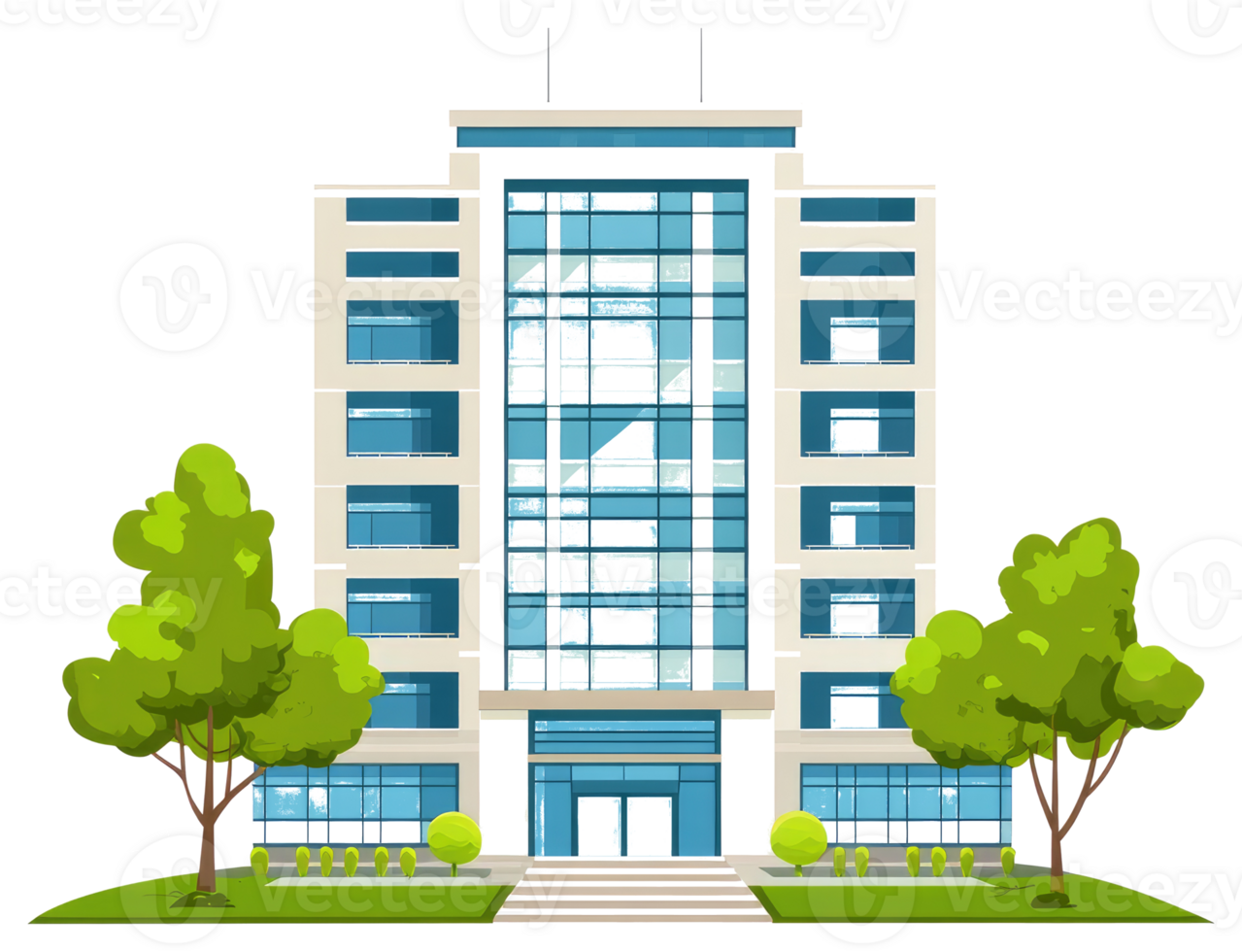 A modern office building with trees and a grassy yard around it png