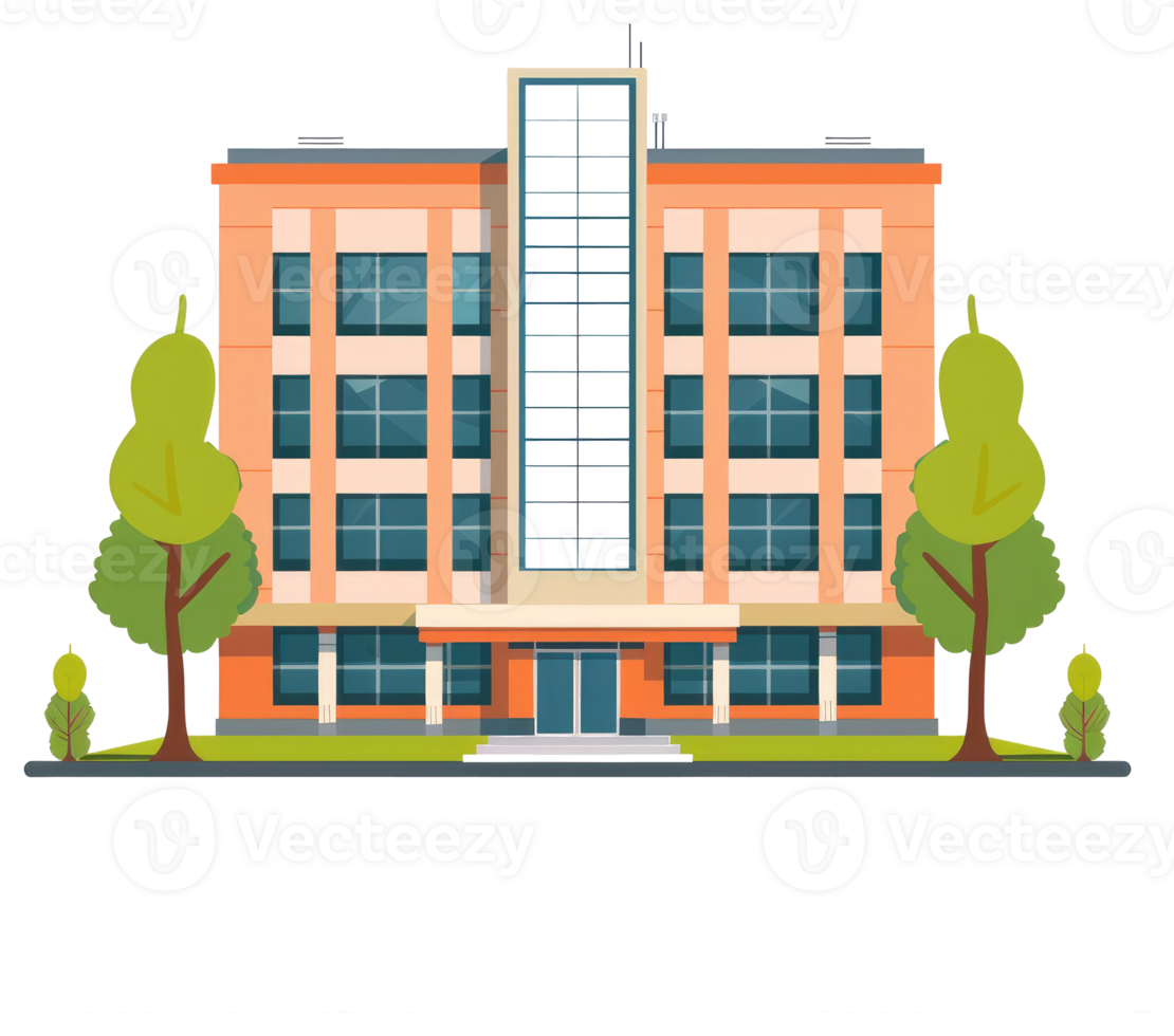 A colorful illustration depicts a building alongside some leafy trees png