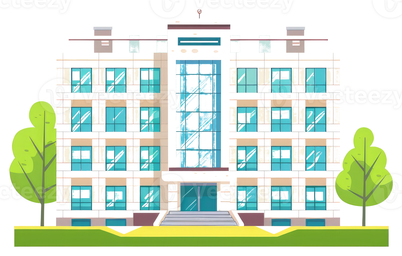 A Large White Building with Windows and Green Trees in Front png
