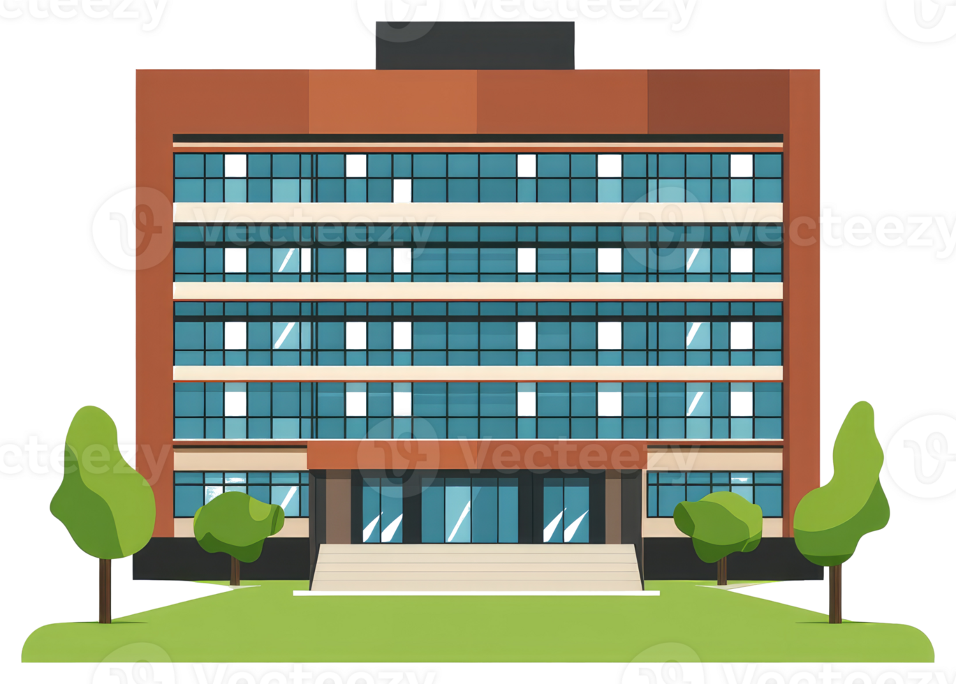 Modern office building with several floors and a green landscape png