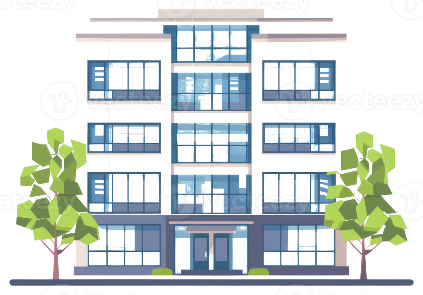 A multi story apartment building illustration with green trees present png
