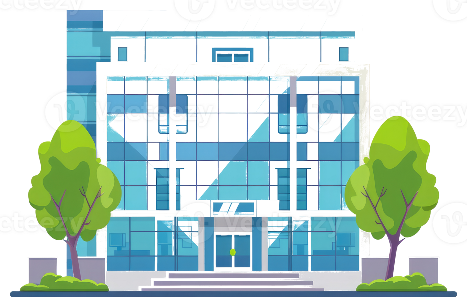 An illustration of a modern building with glass facade and trees png