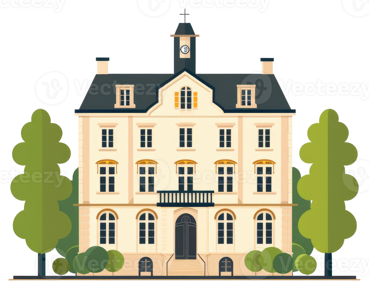 An illustration of a detailed building and surrounding greenery png